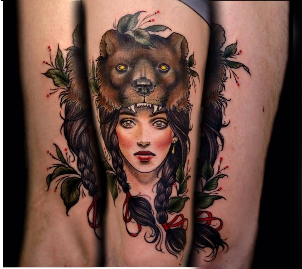 Traditional Bear Girl Tattoo On Arm