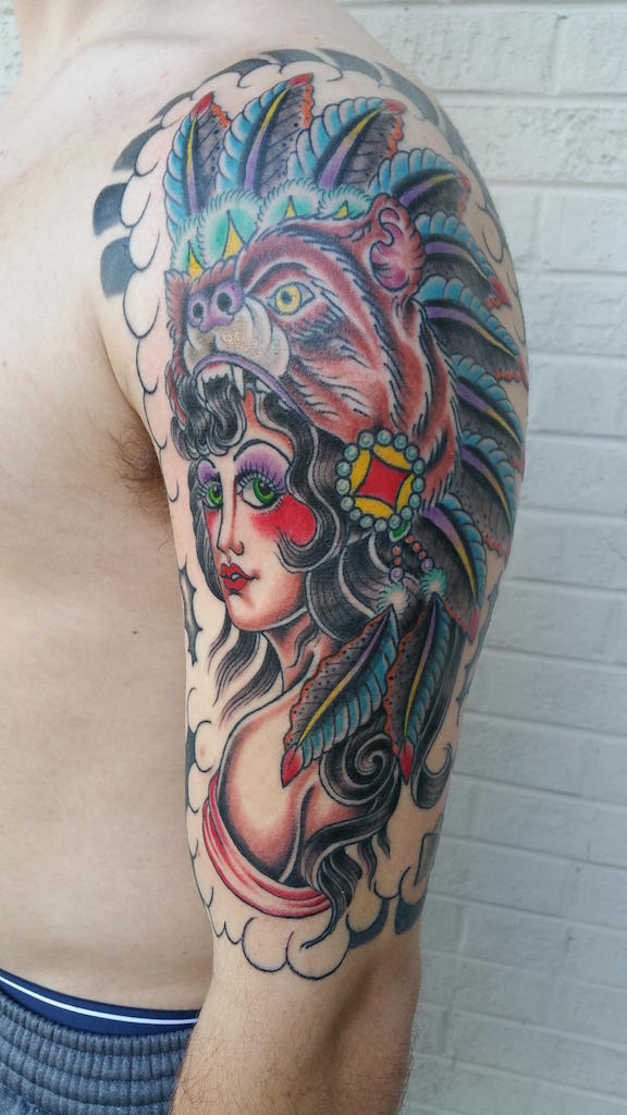 Traditional Native Bear Girl Tattoo On Left Half Sleeve