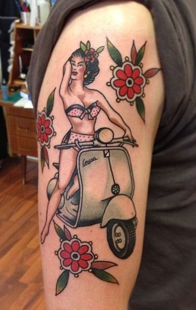 Traditional Pinup Girl With Vespa Scooter Tattoo On Right Half Sleeve