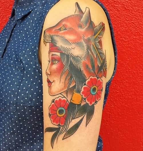 Traditional Red Flowers And Fox Girl Tattoo On Left Shoulder