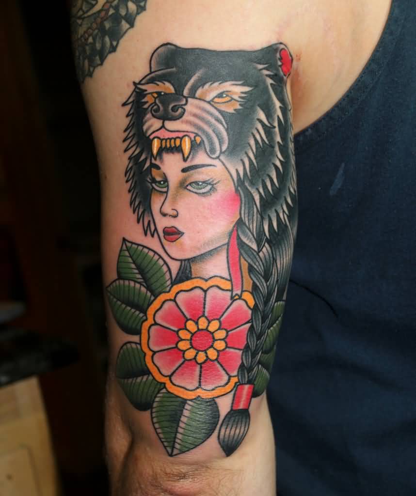 Traditional Wolf Girl Tattoo On Left Half Sleeve