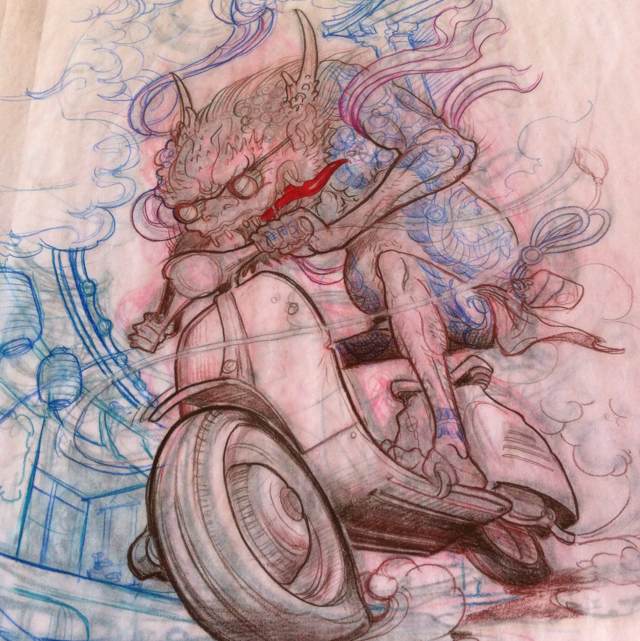 Unique Demon With Vespa Scooter Tattoo Drawing