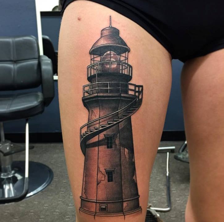Unique Lighthouse Tattoo On Thigh by Shane Knapp