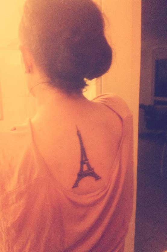 Upper Back Eiffel Tower Tattoo For Girls