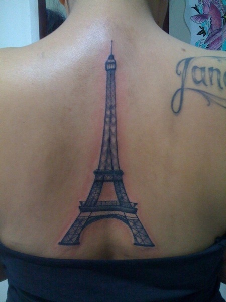Upper Back Full Eiffel Tower Tattoo