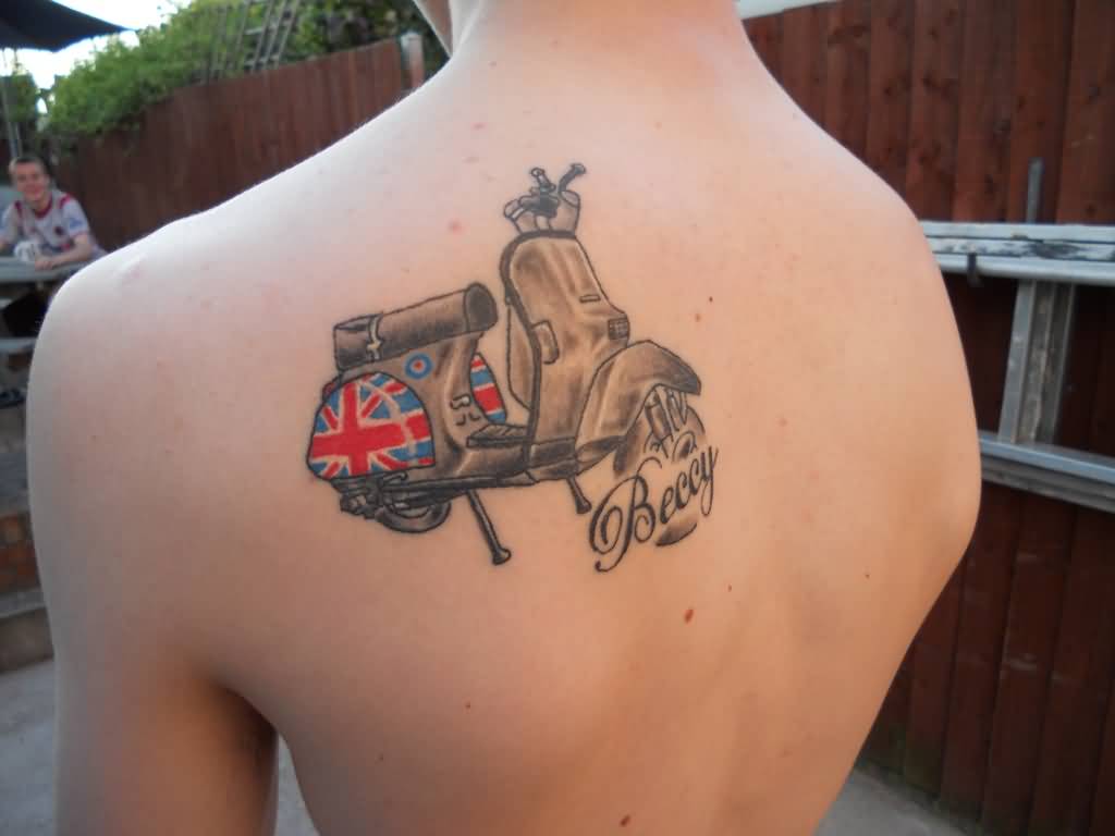 Vespa Scooter Tattoo On Left Back Shoulder