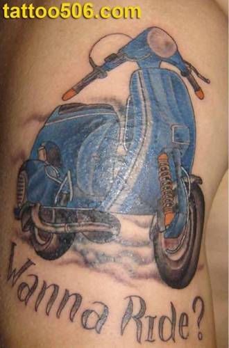 Wanna Ride Blue Scooter Tattoo On Bicep