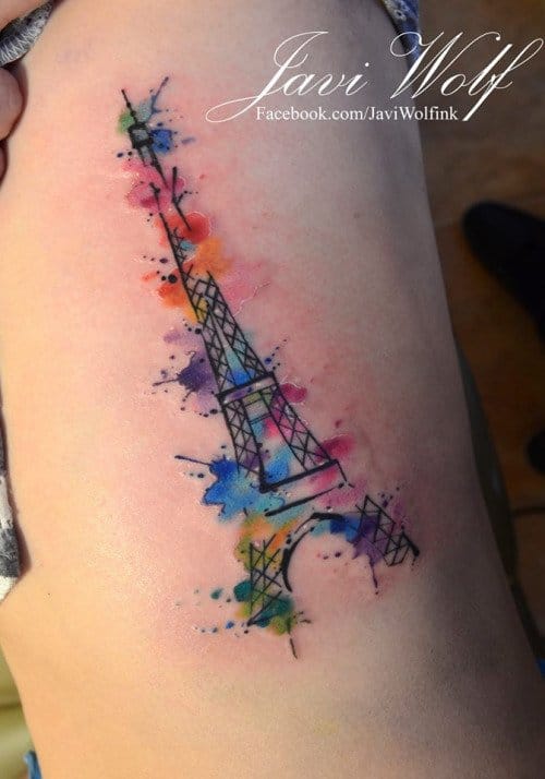 Watercolor Eiffel Tower Tattoo On Side Rib by Javi Wolf
