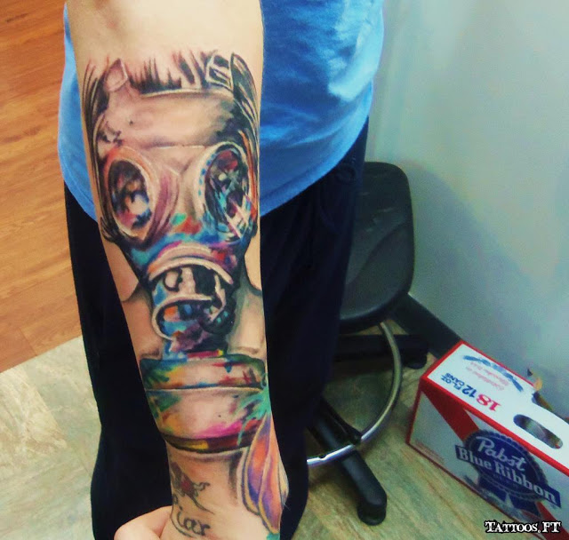 Watercolor Gas Mask Tattoo On Arm