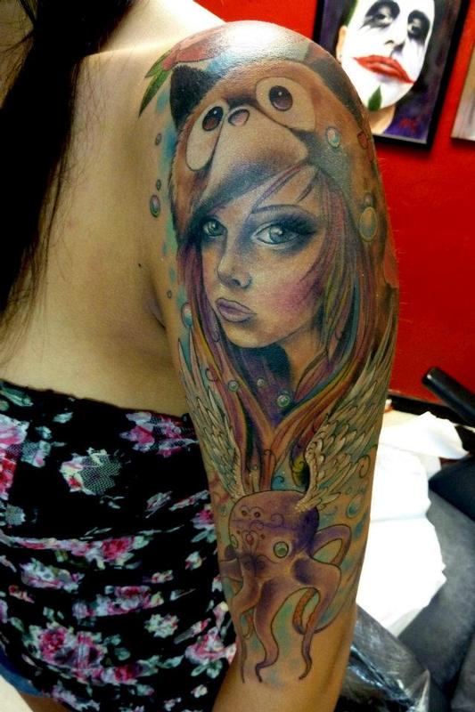 Winged Octopus And Fox Girl Tattoo On Left Half Sleeve