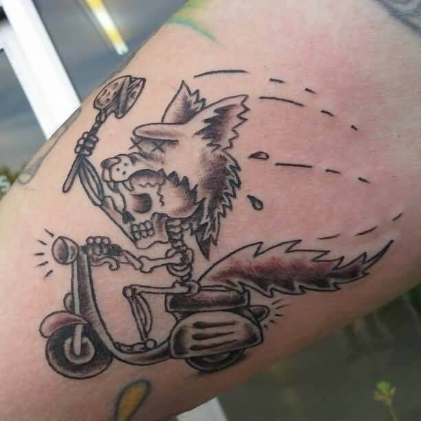 Wolf Skeleton Riding Scooter Tattoo