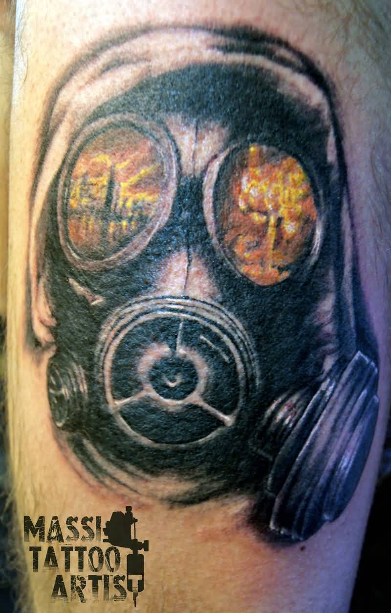 Yellow Eyes Gas Mask Tattoo On Leg