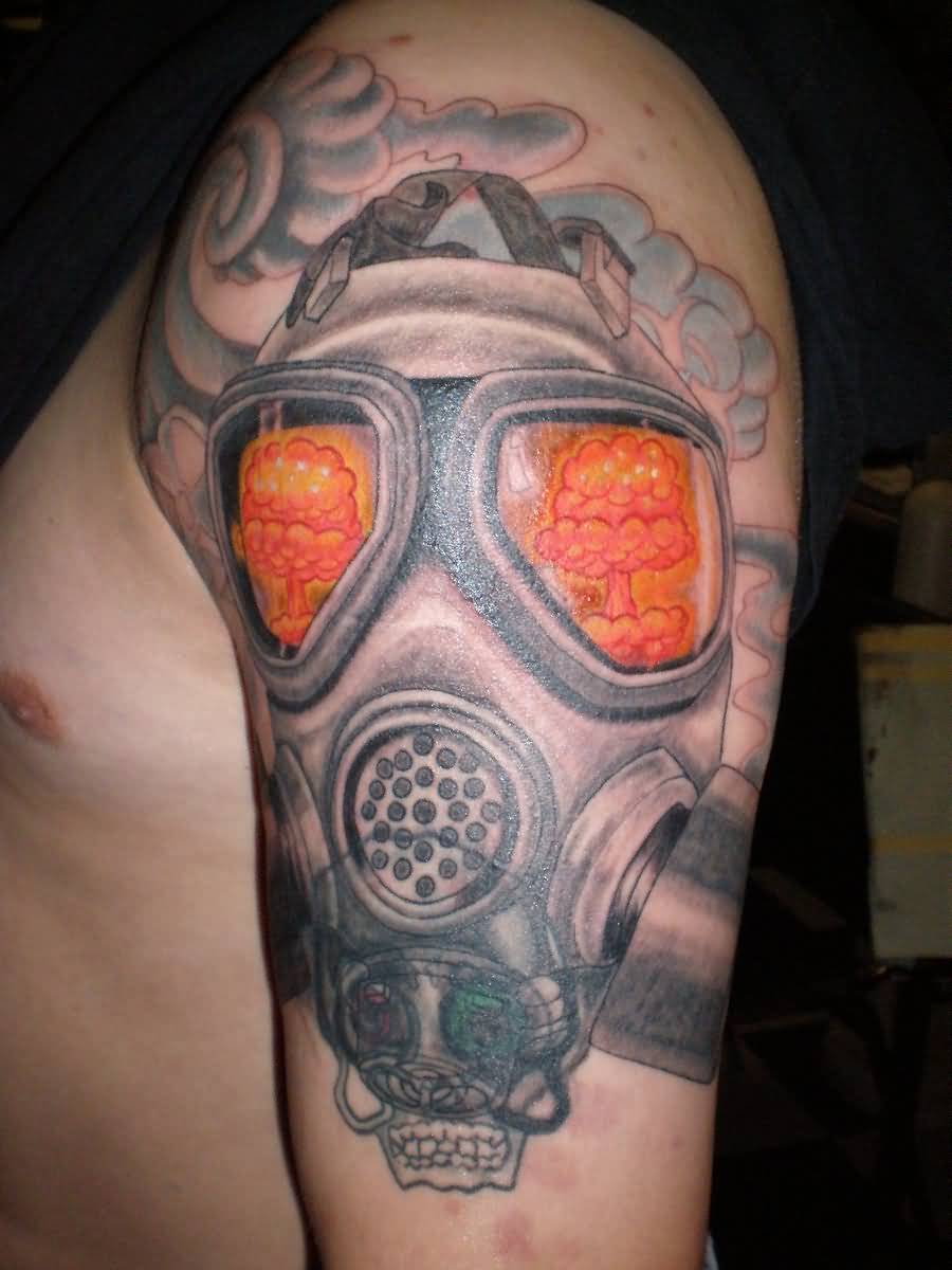 Zombie Gas Mask Tattoo On Left Half Sleeve