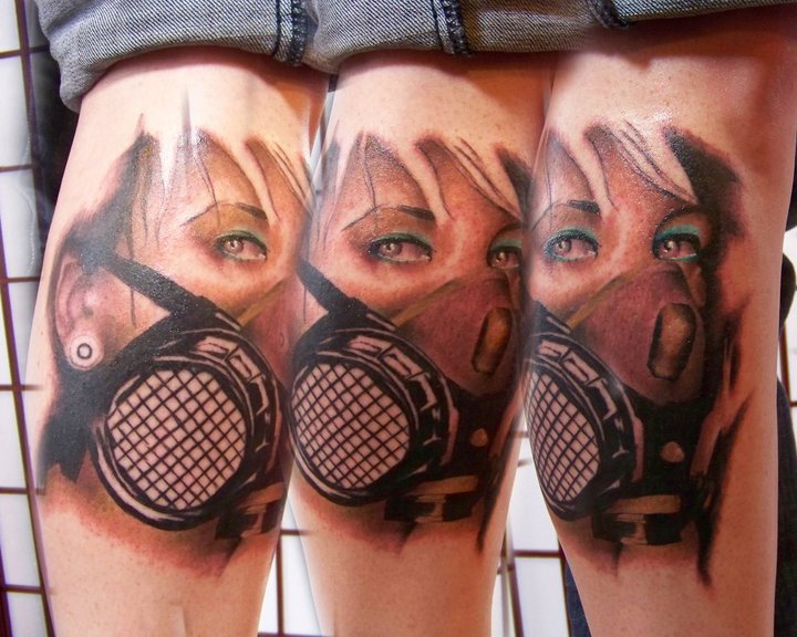 Zombie Gas Mask Tattoo On Leg by Aphoticnight