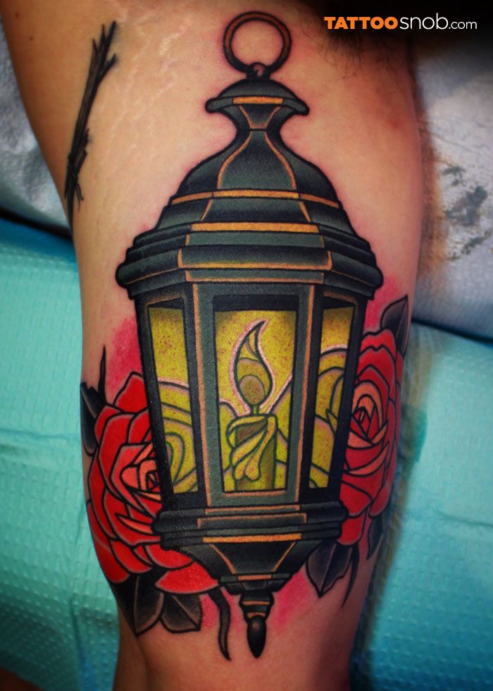 Beautiful Red Rose And Lamp Tattoo