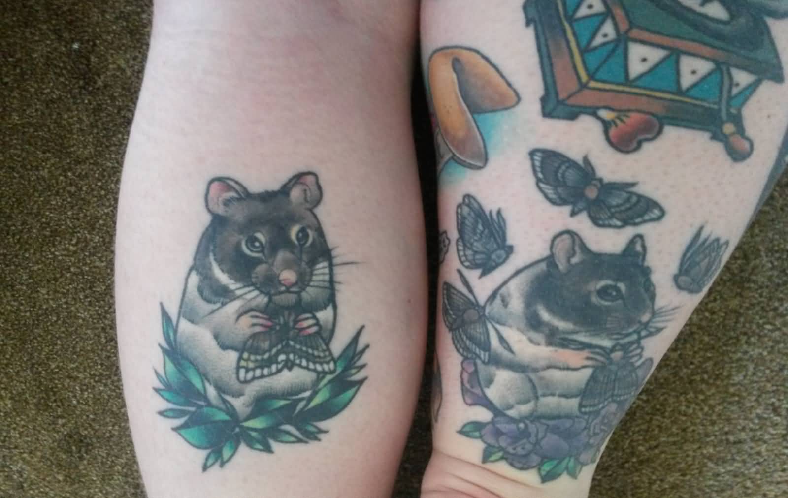 Black And Hamster Tattoos Ideas For Couple Legs