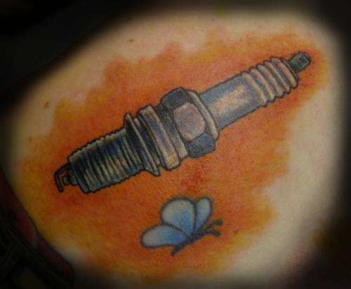 Blue Butterfly And Spark Plug Tattoo