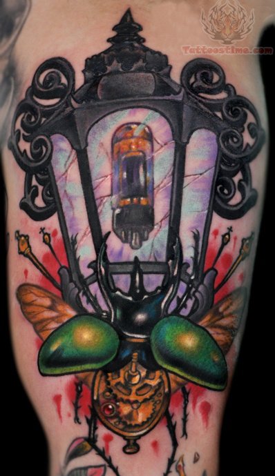 Bug On Lamp Tattoo On Half Sleeve