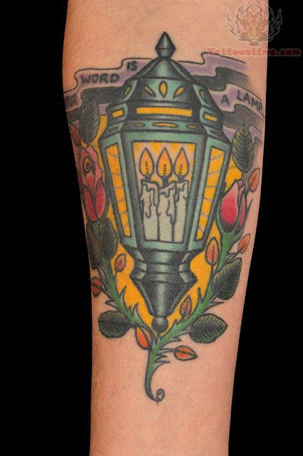 Burning Candle Lamp Tattoo On Arm Sleeve