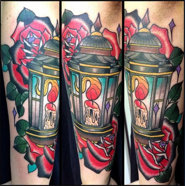 Burning Candle With Rose Lamp Tattoo