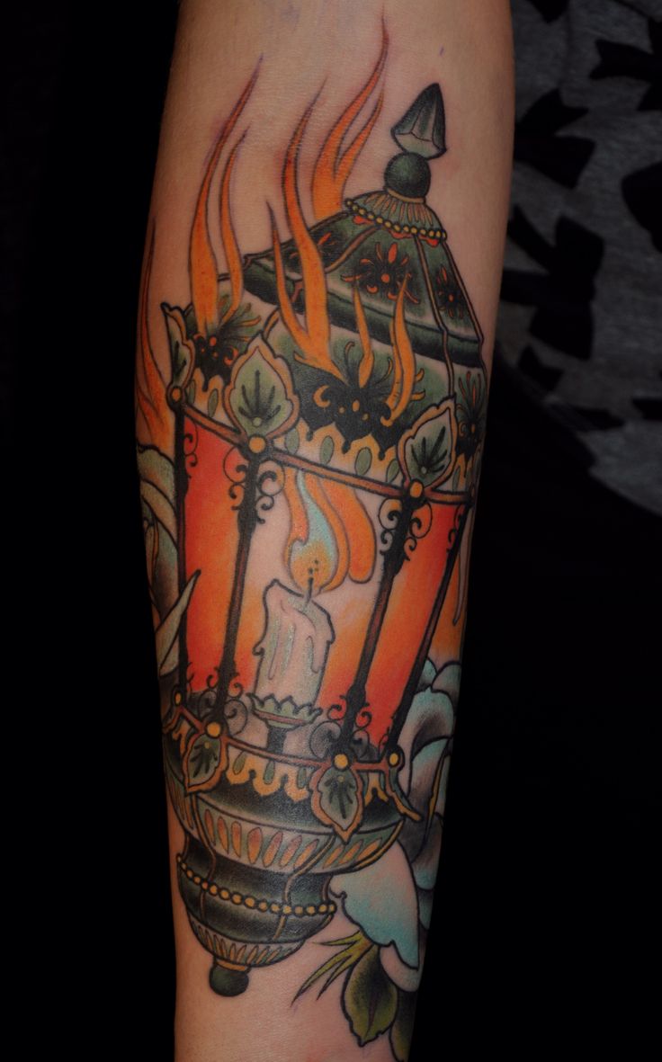 Candle Lamp Tattoo On Arm Sleeve