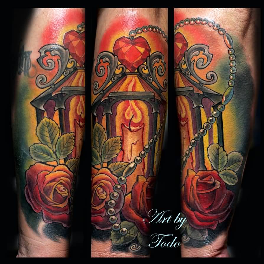 Candle Lamp With Rose Flowers Tattoo On Sleeve