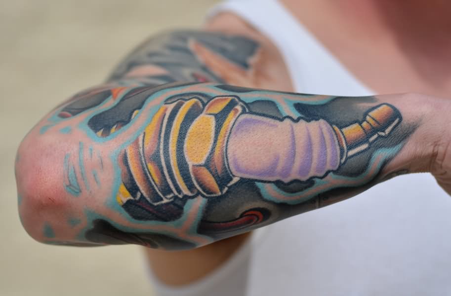 Color Ink Car Spark Plug Tattoo On Right Arm
