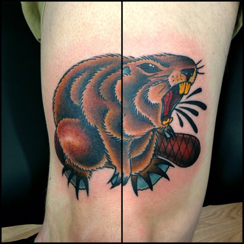 Color Ink Shouting Hamster Tattoo On thigh