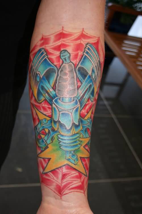 Color Ink Spark Plug Tattoo On Left Forearm