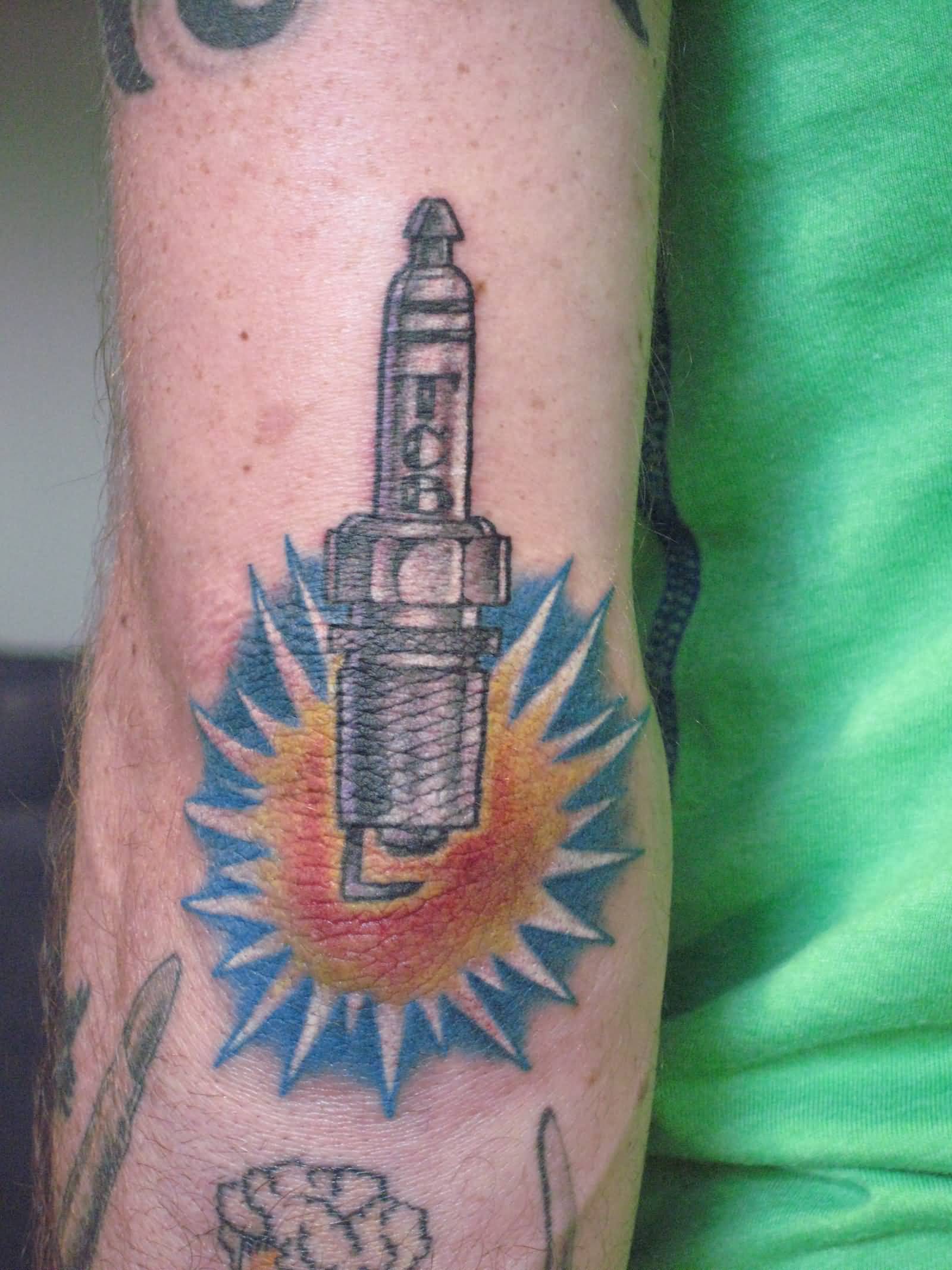 Color Spark Plug Tattoo On Arm Sleeve