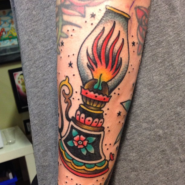 Colored Oil Lamp Tattoo On Arm Sleeve