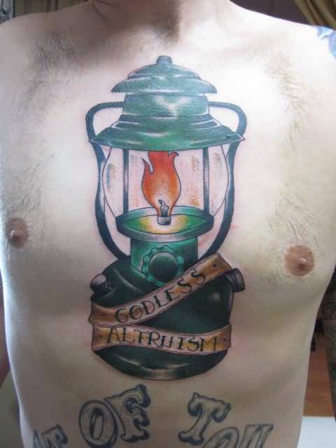 Colored Oil Lamp Tattoo On Man Chest