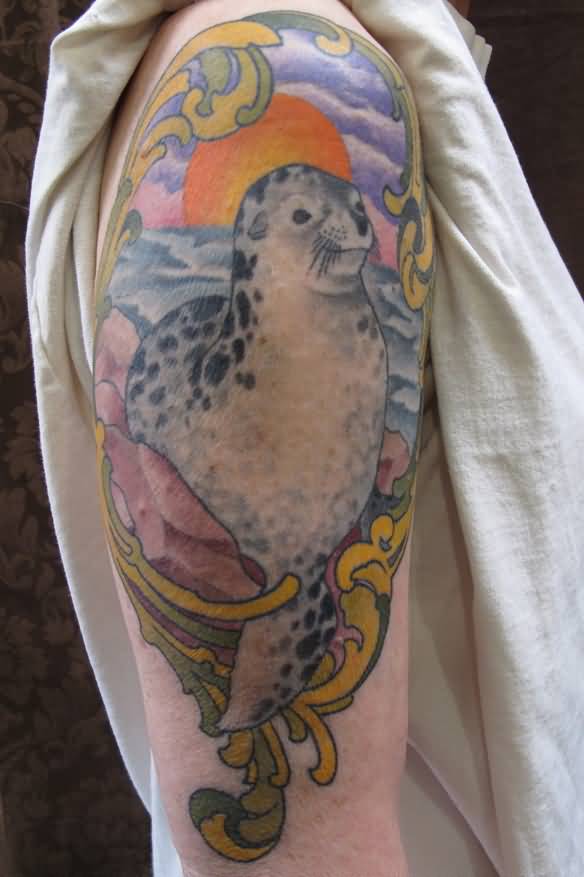 Colored Seal Tattoo On Half Sleeve
