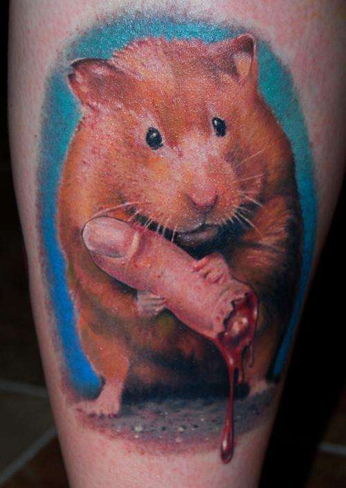 Colorful Killer Hamster Tattoo On Leg