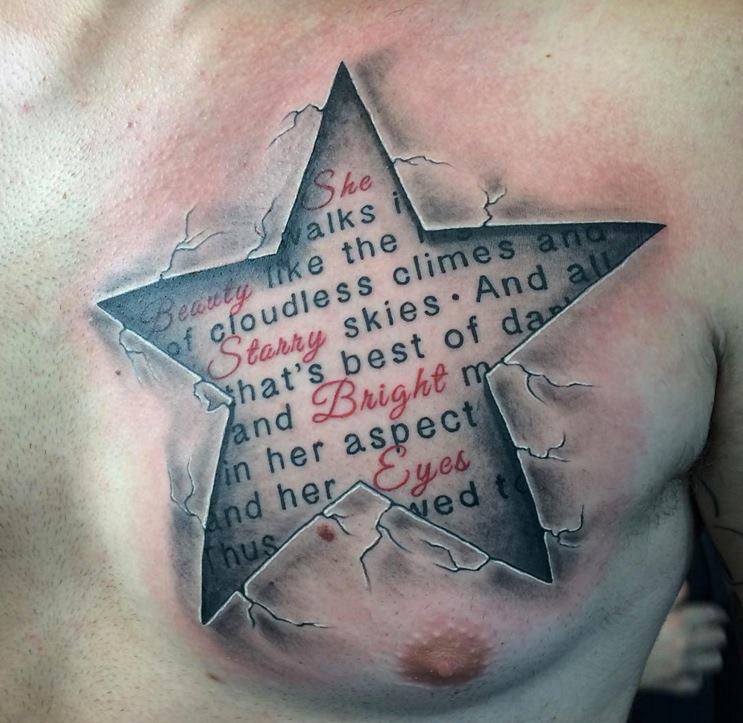 Cracked Skin Star Tattoo On Chest For Men by Luirenzo Tattoos