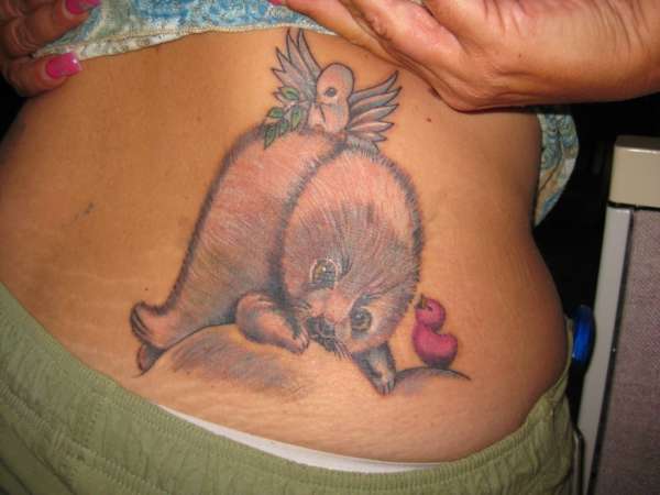 Cute Birds And Seal Tattoo On Girl Lower Back