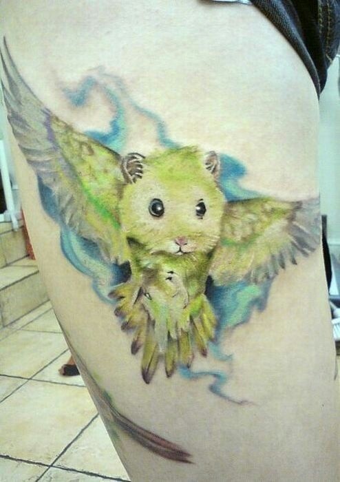 Flying Hamster Tattoo On Side Thigh