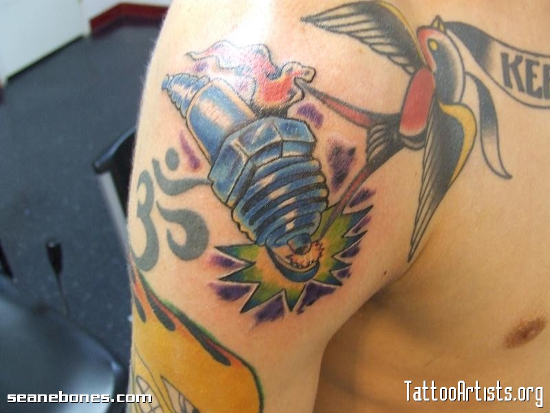 Flying Swallow And Spark Plug Tattoo On Right Shoulder