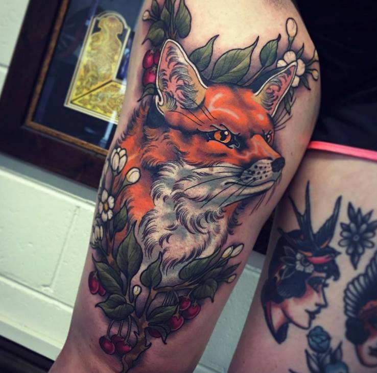 Fox Tattoo On Right Thigh by Tom Bartley