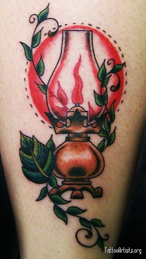 Green Leaves And Oil Lamp Tattoo