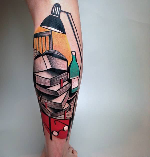 Grey Ink Book Stacks And Light Lamp Tattoo On Leg Calf