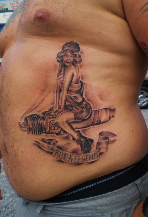 Grey Ink Girl Sitting On Spark Plug Tattoo On Side Rib