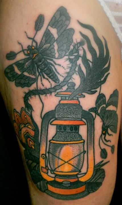 Grey Ink Moth And Lamp Tattoo