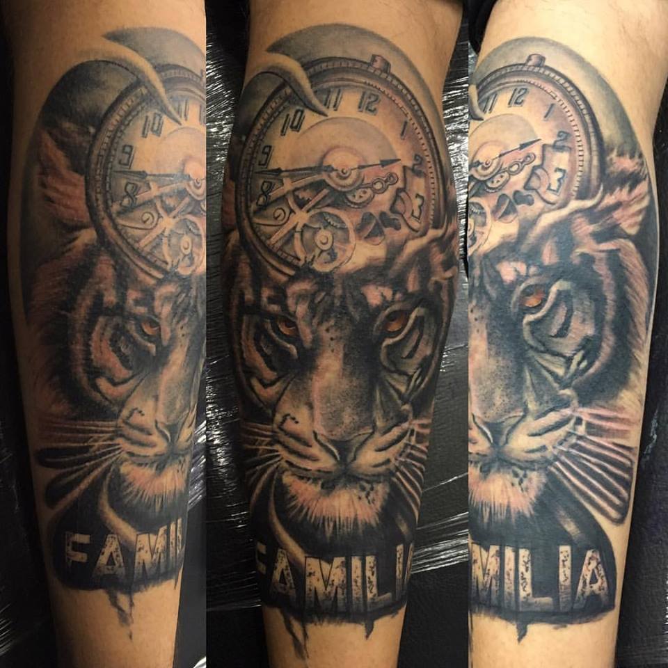Grey Pocket Watch And Tiger Tattoo On Arm Sleeve