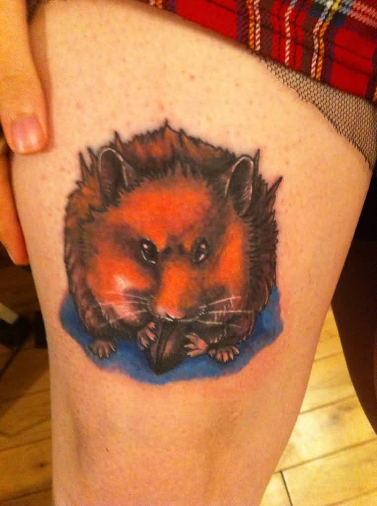 Hamster Tattoo On Girl Right Thigh
