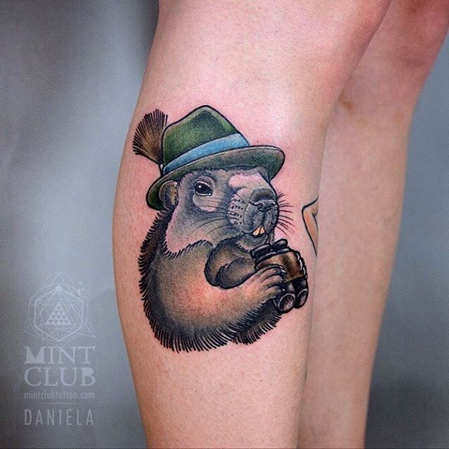 Hamster With Binoculars Tattoo On Leg