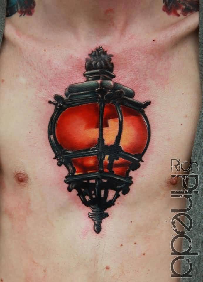 Lamp Tattoo On Man Chest