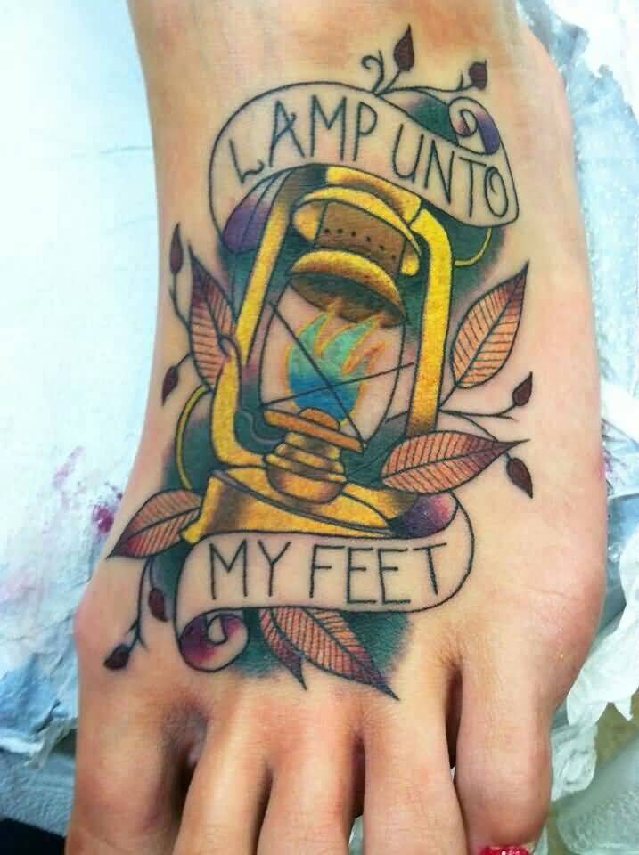 Lamp Unto My Feet Banner And Lamp Tattoo On Left Foot