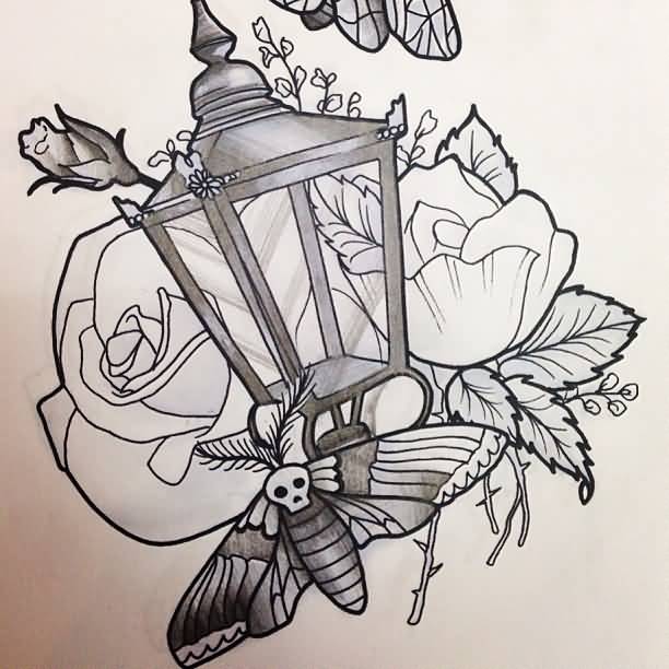 Moth And Lamp Tattoo Design