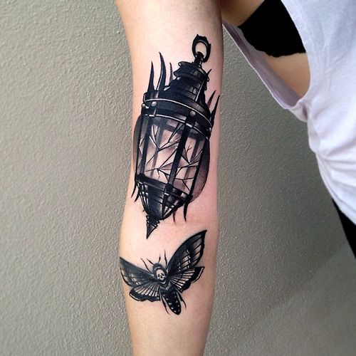 Moth And Lamp Tattoo On Arm Sleeve
